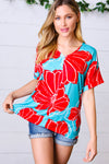 Teal & Cherry Red Floral Print V Neck Top