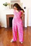 Fuchsia Boho Batik Print Button Sleeveless Jumpsuit