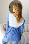 Blue Multicolor Stripe Rib Knit V Neck Babydoll Top