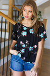 Emboldened Black Floral Embroidery Flutter Sleeve Top