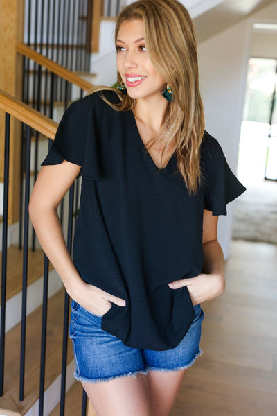 Keep Your Cool Black Flutter Sleeve V Neck Top