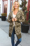 Boldly You Olive Fury Knit Animal Print Ribbed Open Cardigan