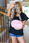 Pink Faux Leather Checker Leopard Strap Bag