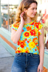 Yellow & Red Floral Flutter Sleeve Top