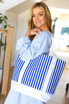 Royal Blue Stripe Structured Large Canvas Tote