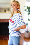 America Proud Blue Striped Embroidered Puff Sleeve Top