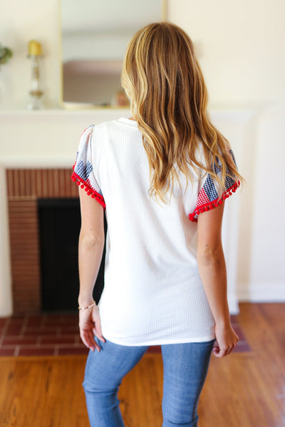 Patriotic Pom Pom Lace Flutter Sleeve Top