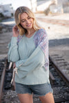 Mint Lace Up Long Sleeve French Terry Oversized Pullover