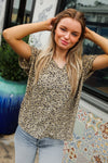 Best In Bold Sage Animal Print V Neck Dolman Side Slit Top