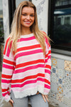 Follow Me Red/Pink Loose Knit Stripe Ribbed Pullover