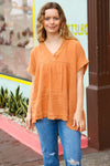 Tangerine Cotton Banded V Neck Frayed Pocketed Top