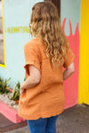 Tangerine Cotton Banded V Neck Frayed Pocketed Top