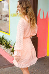 Peach Pleated Lace Bubble Sleeve Lined Dress