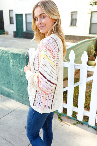 Easy Living Oatmeal Multicolor Stripe Dolman Crochet Cardigan