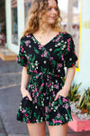 Black & Floral Surplice Short Sleeve Pocketed Romper