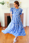 Love Found Sky Blue Abstract Print Tiered Smocked Ruffle Sleeve Maxi Dress