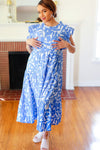 Love Found Sky Blue Abstract Print Tiered Smocked Ruffle Sleeve Maxi Dress