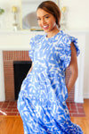 Love Found Sky Blue Abstract Print Tiered Smocked Ruffle Sleeve Maxi Dress