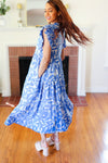 Love Found Sky Blue Abstract Print Tiered Smocked Ruffle Sleeve Maxi Dress