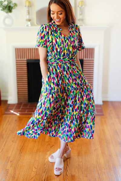 All For You Navy Multicolor Abstract Print Smocked Waist Maxi Dress