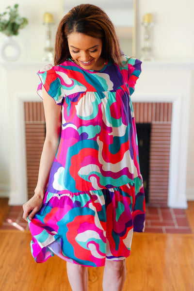 Go For Fun Fuchsia Geo Print Tiered Ruffle Sleeve Woven Dress