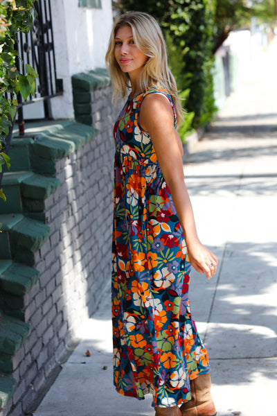 Teal & Maroon Flat FloralFit and Flare Sleeveless Maxi Dress