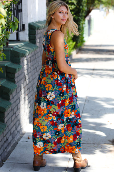 Teal & Maroon Flat FloralFit and Flare Sleeveless Maxi Dress