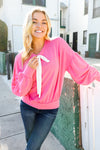 Pretty In Pink French Terry Bow Tie Drop Shoulder Pullover