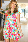 Mint & Fuchsia Tropical Floral Square Neck Dress