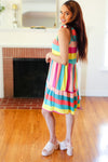 Start The Day Rainbow Stripe Shoulder Tie Tiered Dress