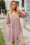 Find Love Taupe Floral Square Neck Tie Back Babydoll Dress