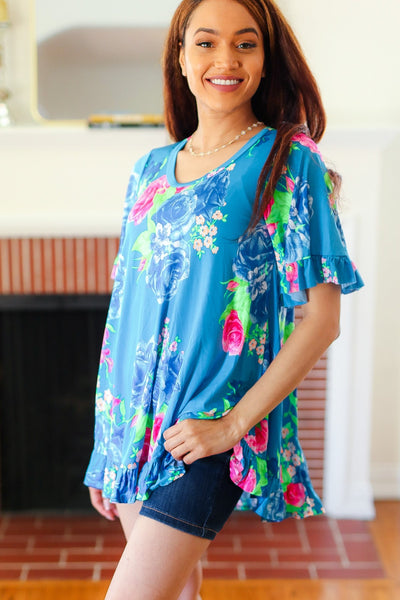 Feeling Playful Blue Floral Ruffle Sleeve & Hem Tunic Top