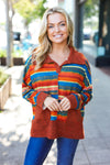 Casual Living Rust & Teal Striped Two Tone Knit Pocketed Top