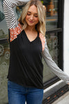 V Neck Leopard Stripe Color Block Raglan Top