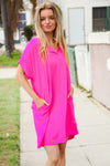 Casual Chic Fuchsia Woven Notched V Neck Dolman Sleeve Frock