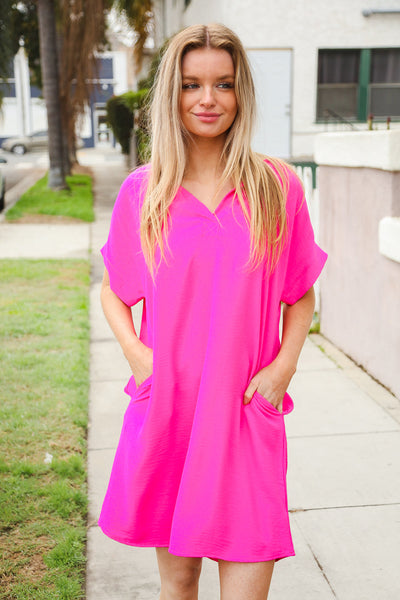 Casual Chic Fuchsia Woven Notched V Neck Dolman Sleeve Frock