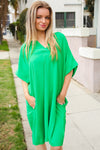 Casual Chic Green Woven Notched V Neck Dolman Sleeve Frock