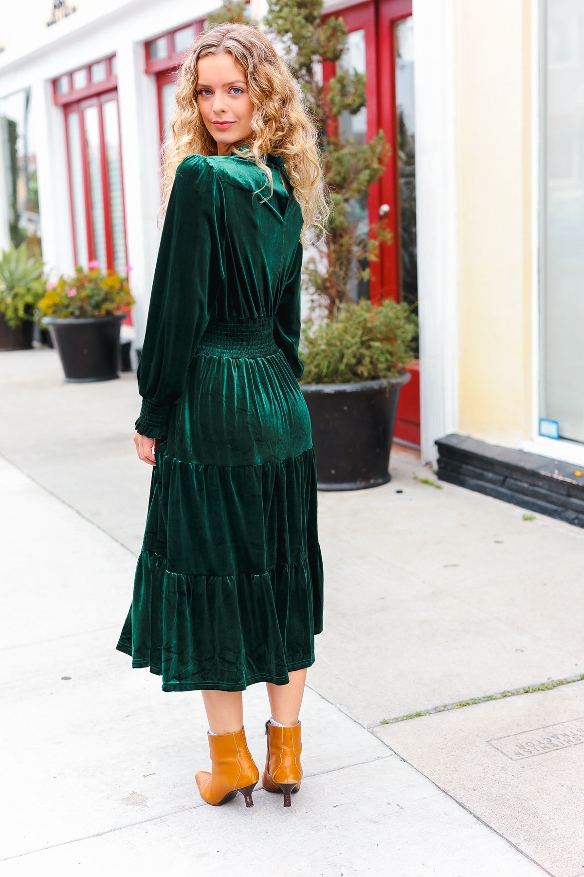 Holiday Dreaming Hunter Green Velvet Mock Neck Smocked Waist Dress Modest Pop Holiday Dreaming Hunter Green Velvet Mock Neck Smocked Waist Dress Modest Pop