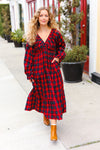 All I Want Red Plaid Elastic V Neck Tiered Maxi Dress