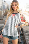 Stripe and Peach Leopard Floral Color Block Top