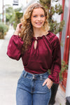 Holiday Vibes Burgundy Frill Detail Tie Neck Satin Top