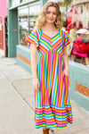 Bright Thoughts Rainbow Stripe Flutter Sleeve Fit & Flare Maxi Dress