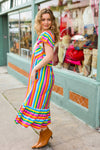 Bright Thoughts Rainbow Stripe Flutter Sleeve Fit & Flare Maxi Dress