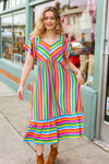 Bright Thoughts Rainbow Stripe Flutter Sleeve Fit & Flare Maxi Dress