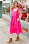 Lots To Love Fuchsia Smocked Flutter Sleeve Tiered Midi Dress