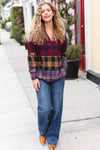 Holiday Ready Red & Mustard Plaid Notched Neck Flannel Hoodie