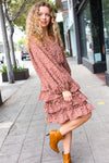 Feminine Flair Terracotta Leopard Print Ruffle Tiered Dress