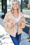 Casual Chic Latte Corduroy Ribbed High Neck Puffer Jacket