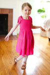 Kids Darling Pink Crepe Tiered Smocked Shoulder Tie Dress