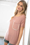 Rose Loose Fit Rib Knit Lace Edge Front Pocket Top